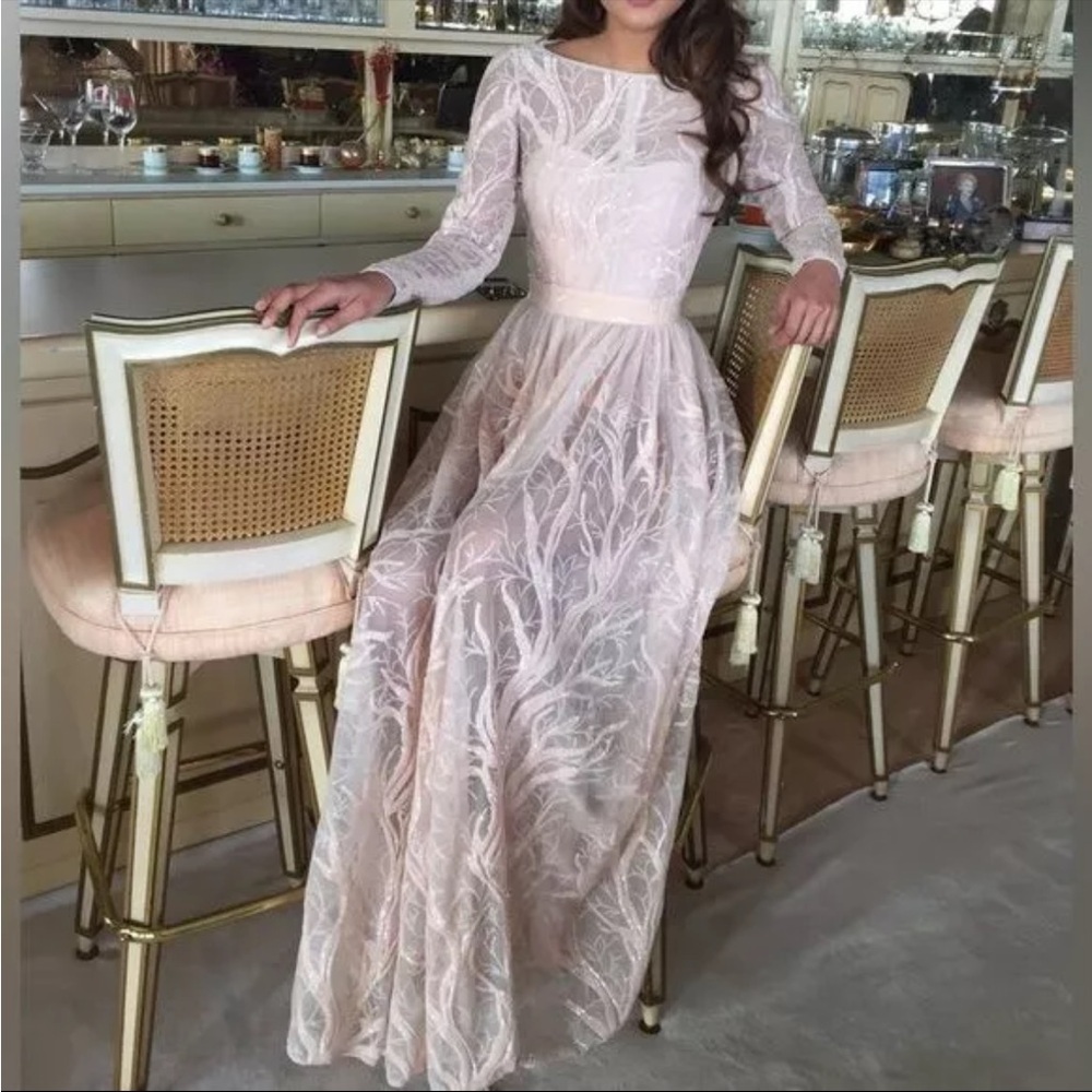 House of CB Peach pink Lucya long sleeve sequin limited edition gown S - Picture 2 of 12